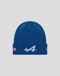 Navy knit beanie with folded cuff and white New Era logo embroidery.