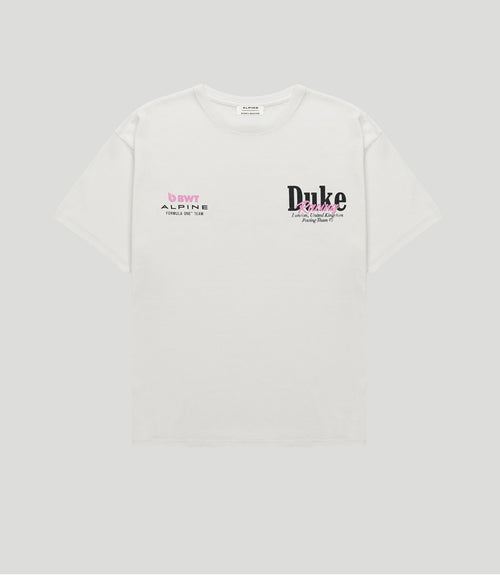 White vintage T shirt with BWT Alpine logo on left chest and Duke logo on right chest