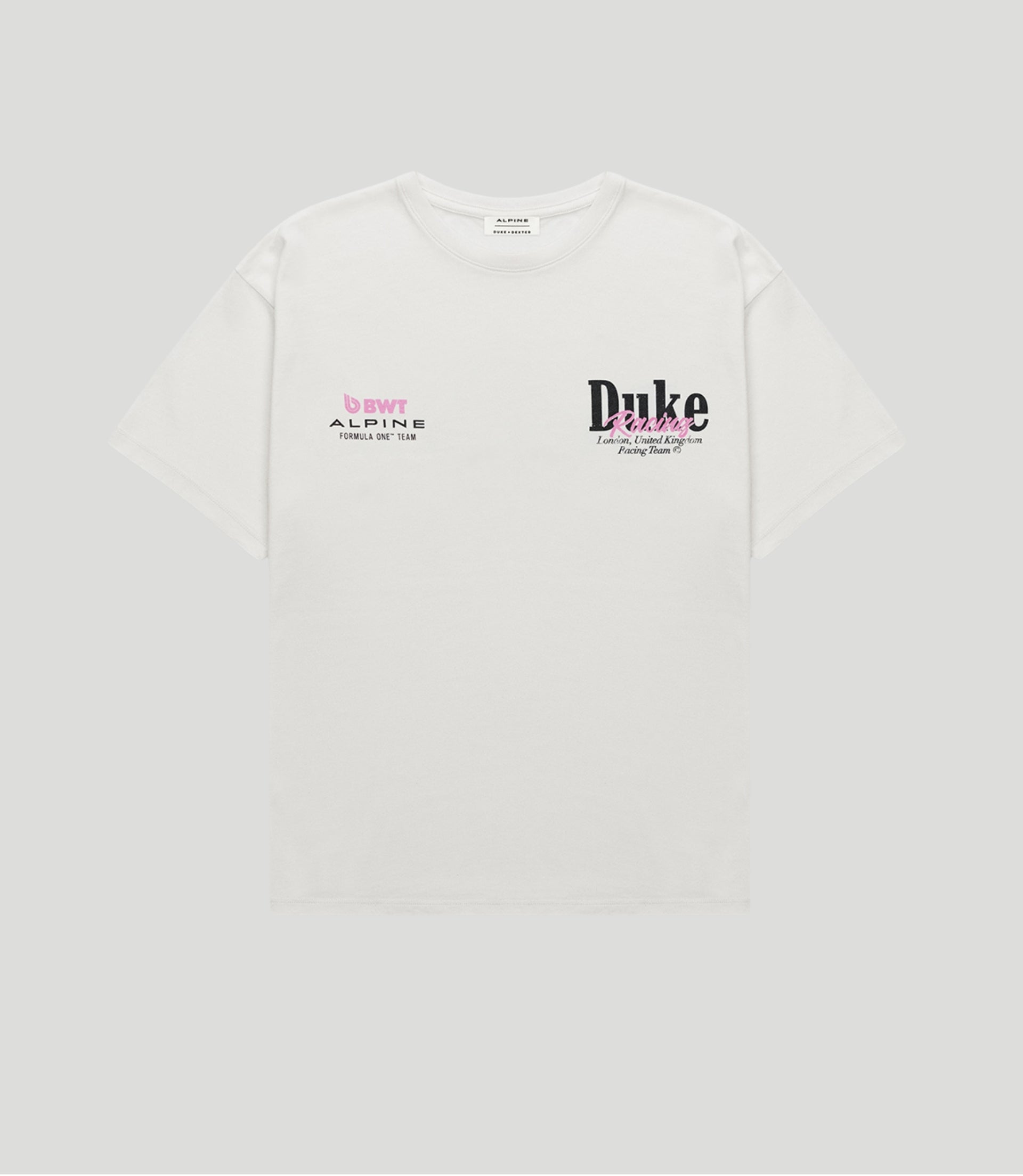 White vintage T shirt with BWT Alpine logo on left chest and Duke logo on right chest