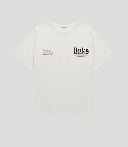 White vintage T shirt with BWT Alpine logo on left chest and Duke logo on right chest
