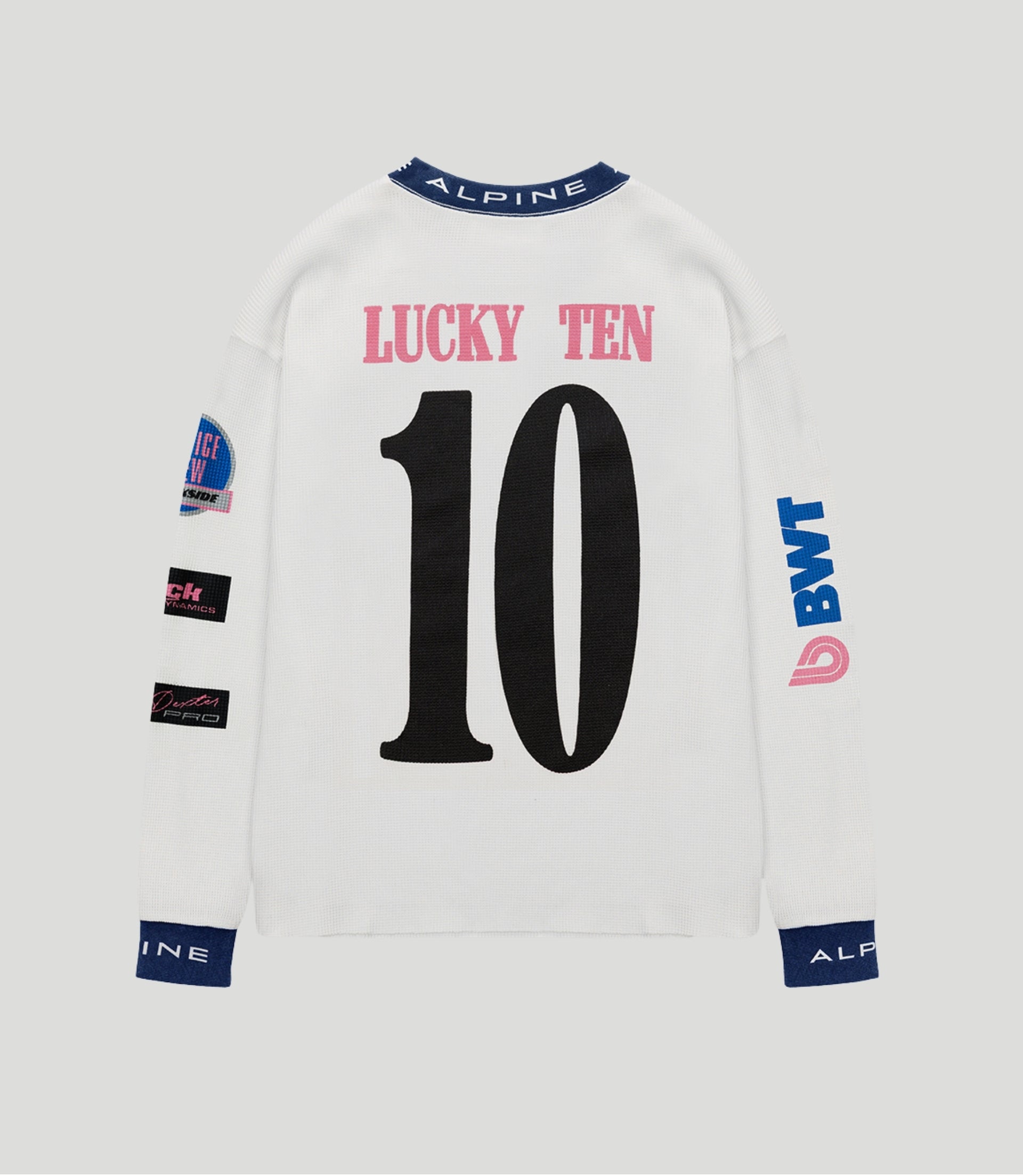 Back view of white Alpine jersey with pink LUCKY TEN and large black 10
