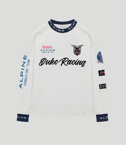 White Duke & Dexter BWT Alpine Formula One Team jersey with navy collar and Duke Racing crest