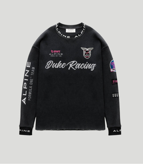 Front view of black Washed Waffle Jersey featuring Duke Racing logo and sponsor graphics