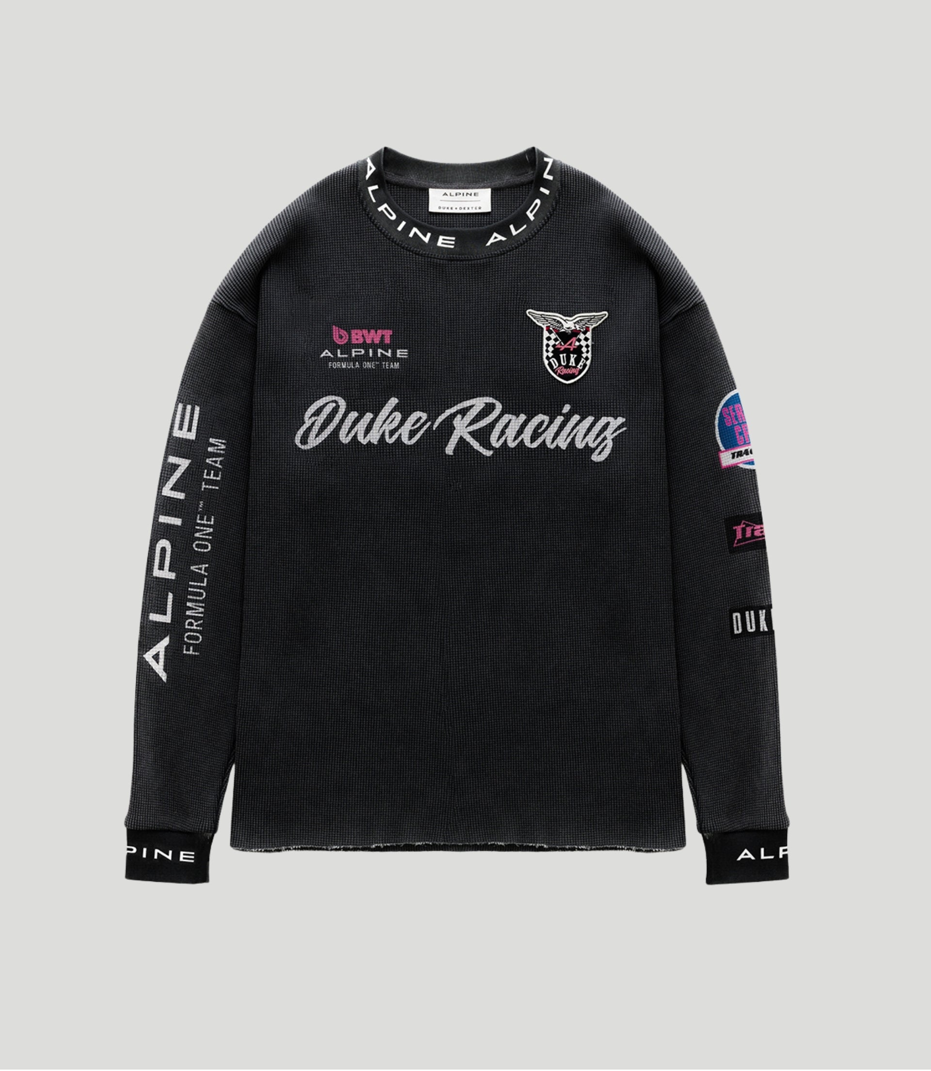 Front view of black Washed Waffle Jersey featuring Duke Racing logo and sponsor graphics