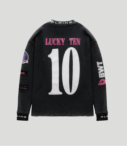 Back view of the Unisex BWT Alpine Formula One Team x Duke & Dexter Washed Waffle Jersey showing large white number and pink LUCKY TEN lettering