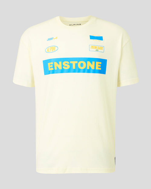 Cream unisex Alpine Classic F1 T shirt featuring a bold blue ENSTONE graphic and small logo patches.