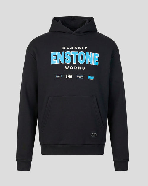 Front view of black hoodie with bold blue ENSTONE graphic and Classic Works branding and a front pocket