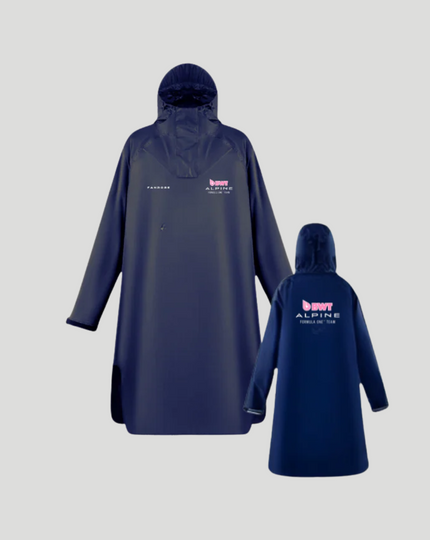 Navy BWT Alpine Formula One Team poncho with hood designed for rain and wind protection.