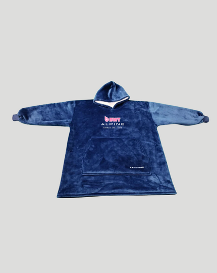 Blue indoor FanRobe laid flat with oversized hood and front pocket, Alpine logo on the back.