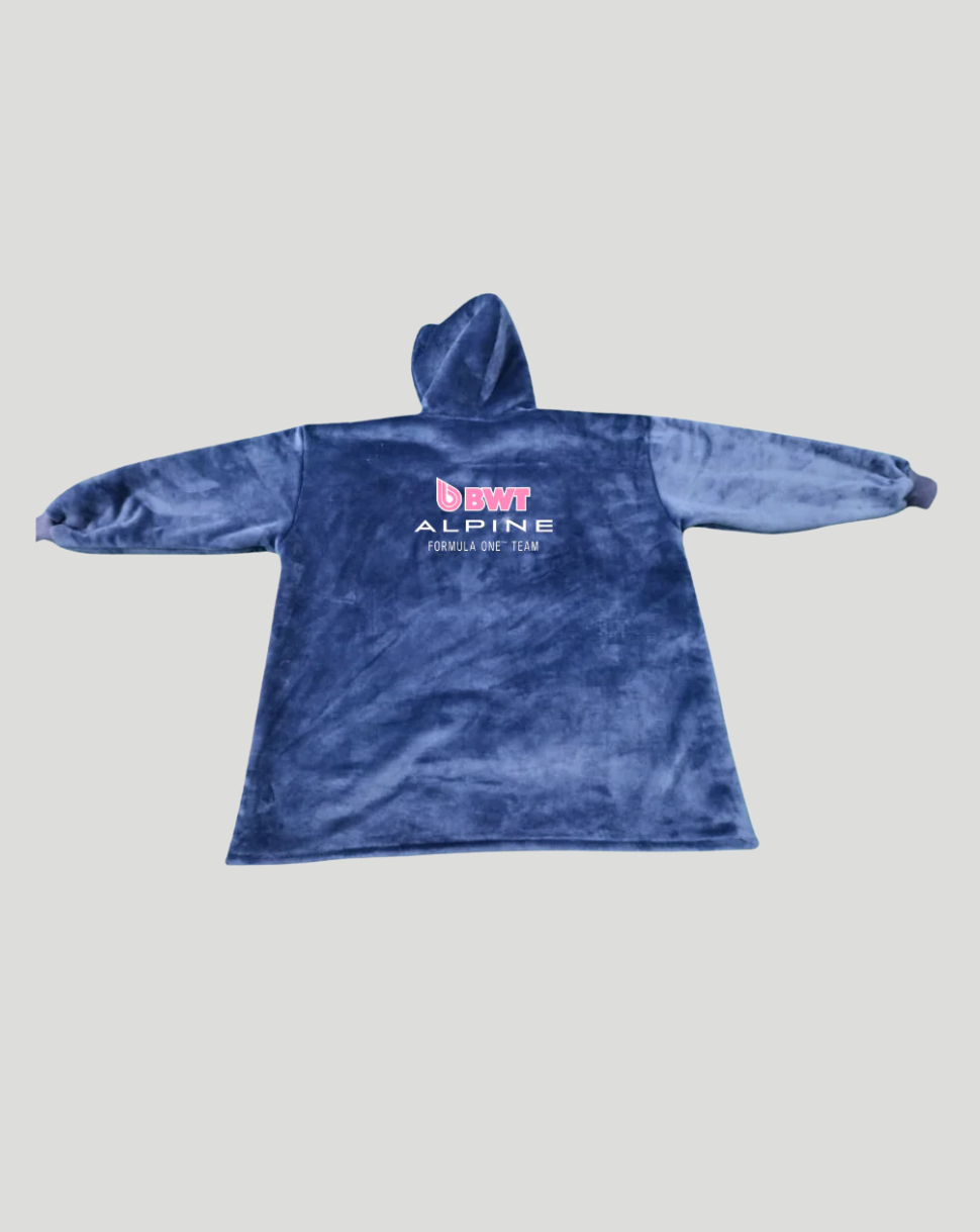 Blue indoor FanRobe shown with arms extended and hood up, Alpine logo on the back.