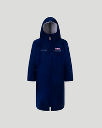 Back view of navy blue BWT Alpine FanRobe for juniors showing logo on back