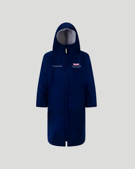 Back view of navy blue BWT Alpine FanRobe for juniors showing logo on back