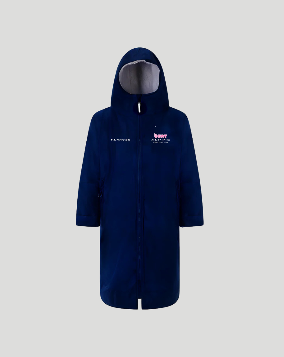 Navy blue hooded FanRobe for adults with front zip and BWT Alpine logos on chest